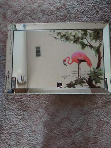Vintage Turner Flamingo and palm tree Mirror with covered wood frame 1950s Cover
