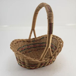Vintage Basket Wicker Weave Pink Green Natural Multi-color Oval Handle Gift - Picture 1 of 7