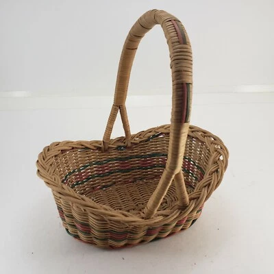 Vintage Basket Wicker Weave Pink Green Natural Multi-color Oval Handle Gift  - Image 1 of 4