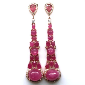 Heated Pink Ruby & Cubic Zirconia Earrings 925 Sterling Silver Rose Gold Coated - Picture 1 of 4