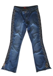 Vintage Younique Full Lace Up Side Jeans Flare Mid Rise Stretch 7 Y2K 90s Boho - Picture 1 of 5