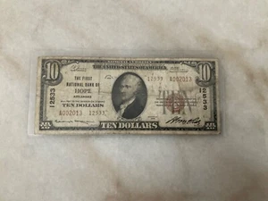 ONE 1929 $10.00 NATIONAL BANKNOTE HOPE ARKANSAS A002013 GOOD CONDITION - Picture 1 of 1