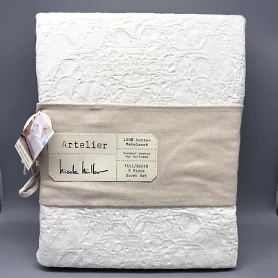 3pc Nicole Miller Artelier Ivory Queen Duvet Cover Sham Set Matelasse Cotton - Image 1 of 4