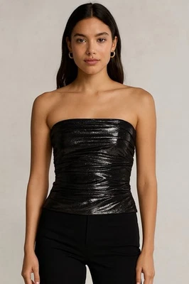 Ralph Lauren Negro Etiqueta Gamuza Cuero Bustier Corsé Sin Tirantes Top Metálico 4 S Foto 1 de 4