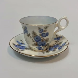 Royal Crown Demitasse Bone China Cup and Saucer Blue and Gray Floral - Picture 1 of 7