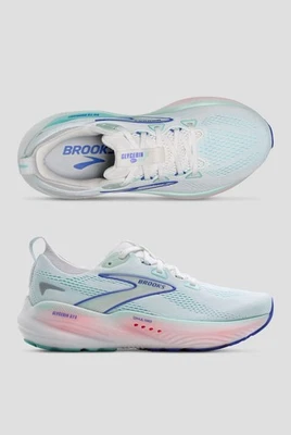 Brooks 女式 Glycerin GTS 22 白色/林皮贝壳/安帕罗蓝色运动系带 S — 第 1/4 张图片