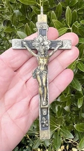 Antique Scared Heart Pectoral Crucifix Wood Inlay Skull & Crossbones Europe 5.5" - Picture 1 of 10