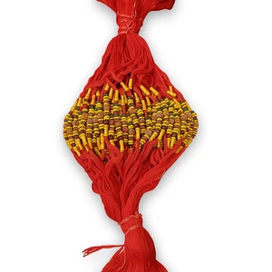 Designer Rakhi Set with Chandan Beads Rudraksha Red Dori Roli Chawal Pack of 3 - Picture 1 of 9