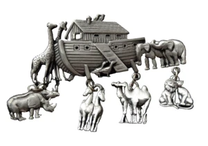 NOAH'S ARK DANGLE Brooch Pin ANIMALS Signed Pewter Vintage J.J. Jonette - Picture 1 of 3