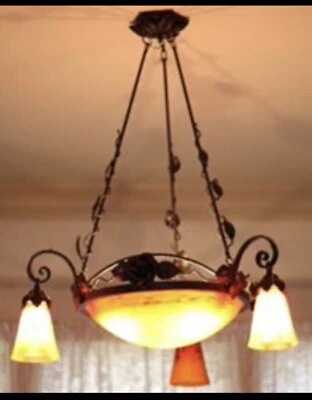 LÁMPARA FRANCESA ART DECO - Vidrio moldeado, (motivo rosa) Foto 1 de 4