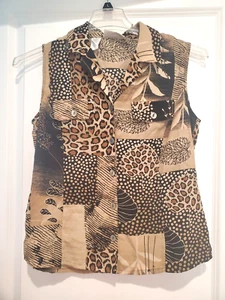 Kathy Che ärmellose Damenbluse Wildlife & Nature Print braun Größe 8 Vintage - Bild 1 von 6