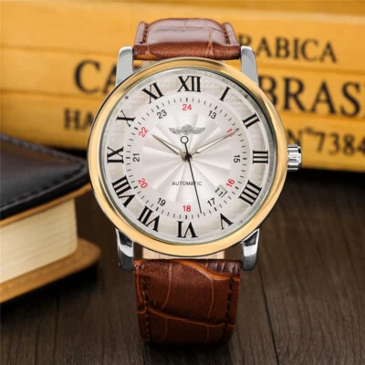 WINNER Luxury Men's Automatic Watch Roman Numerals Dial Brown Leather Wristwatch - Image 1 of 4