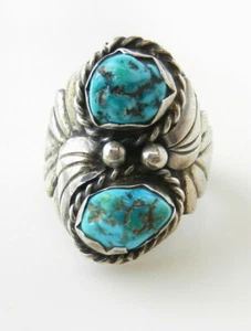 ANELLO argento e turchese corda attorcigliata intorno 2 pietre arco sud ovest taglia 11 S33E - Foto 1 di 9