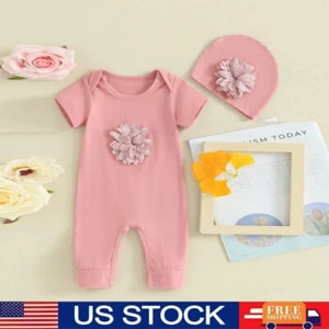 2PCS Toddler Baby Girl 3D Floral One Piece Overall Romper + Hat Outfits - Picture 1 of 11