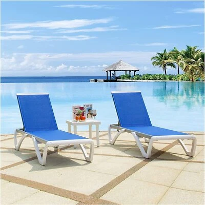 DOMI OUTDOOR LIVING Domi Chaise Lounge Adjustable Aluminum Chair Set of 3 (2 Blue Chairs W/1 Table)