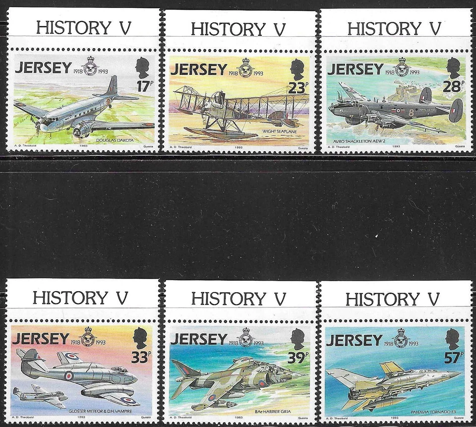 QE II ~ JERSEY ~ SET OF 6 WITH HISTORY V IN MARGIN ~ 75th ANNIV ROYAL AIR FORCE - Image 1 of 1
