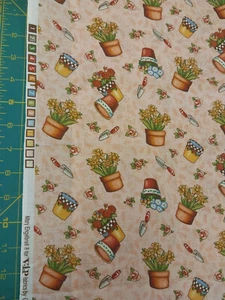 Mary Engelbreit for Cranston Potted Flowers Trowels Garden Fabric Pink ME 2000 - Picture 1 of 3