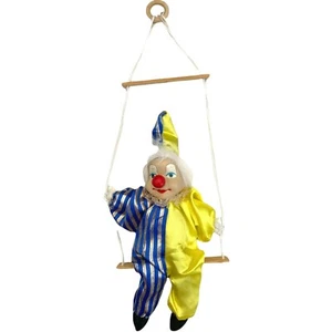 Marionette Clown Doll Hanging on Swing Porcelain Face Soft Body Yellow Blue - Picture 1 of 6