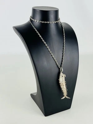 Vintage Collana Anni ‘70 Argento 800 Catena Marina Nautica Con Pesce Snodato 925 - Immagine 1 di 4