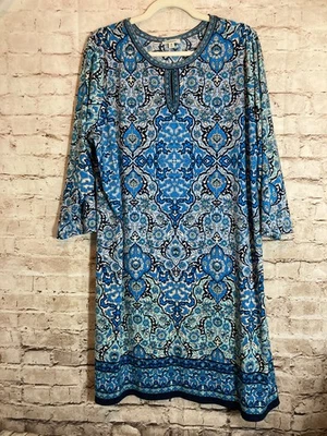 Max Studio Shift Dress Womens 2X Blue Micro Florals 3/4 Sleeve Stretch Plus - Image 1 of 4