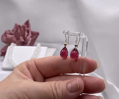 14k Rubellite Pink Tourmaline Dangle Earrings 12mm  SIMULATED Gemstones - Image 1 of 4