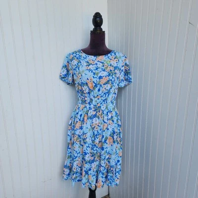 Croft & Barrow WomensBlue Orange Floral Dress Short Sleeve Elastic Waist Sz S - Image 1 of 4