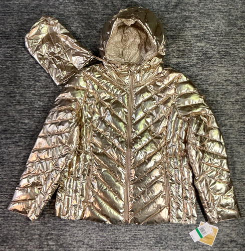 Giacca trapuntata con cappuccio Michael Kors confezionabile oro metallizzato logo MK XL NUOVA CON ETICHETTE $250