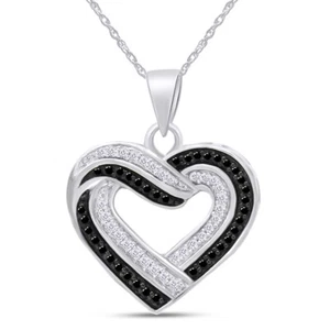 Heart Pendant 1/3ct Black & White Real Diamond 925 Sterling Silver 18" Necklace - Picture 1 of 22