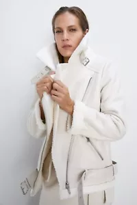 ZARA SHEARLING AVIATOR BIKER LEDERJACKE KUNSTFELL JACKE FAUX LEATHER JACKET - Bild 1 von 16