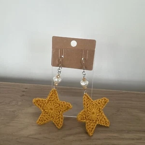 Handmade Crochet Mustard Star Earrings – Elegant & Unique Boho Style - Picture 1 of 4