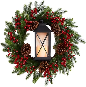 28In. Berries and Pine Artificial Christmas Wreath with Lantern and Included LED - Picture 1 of 4