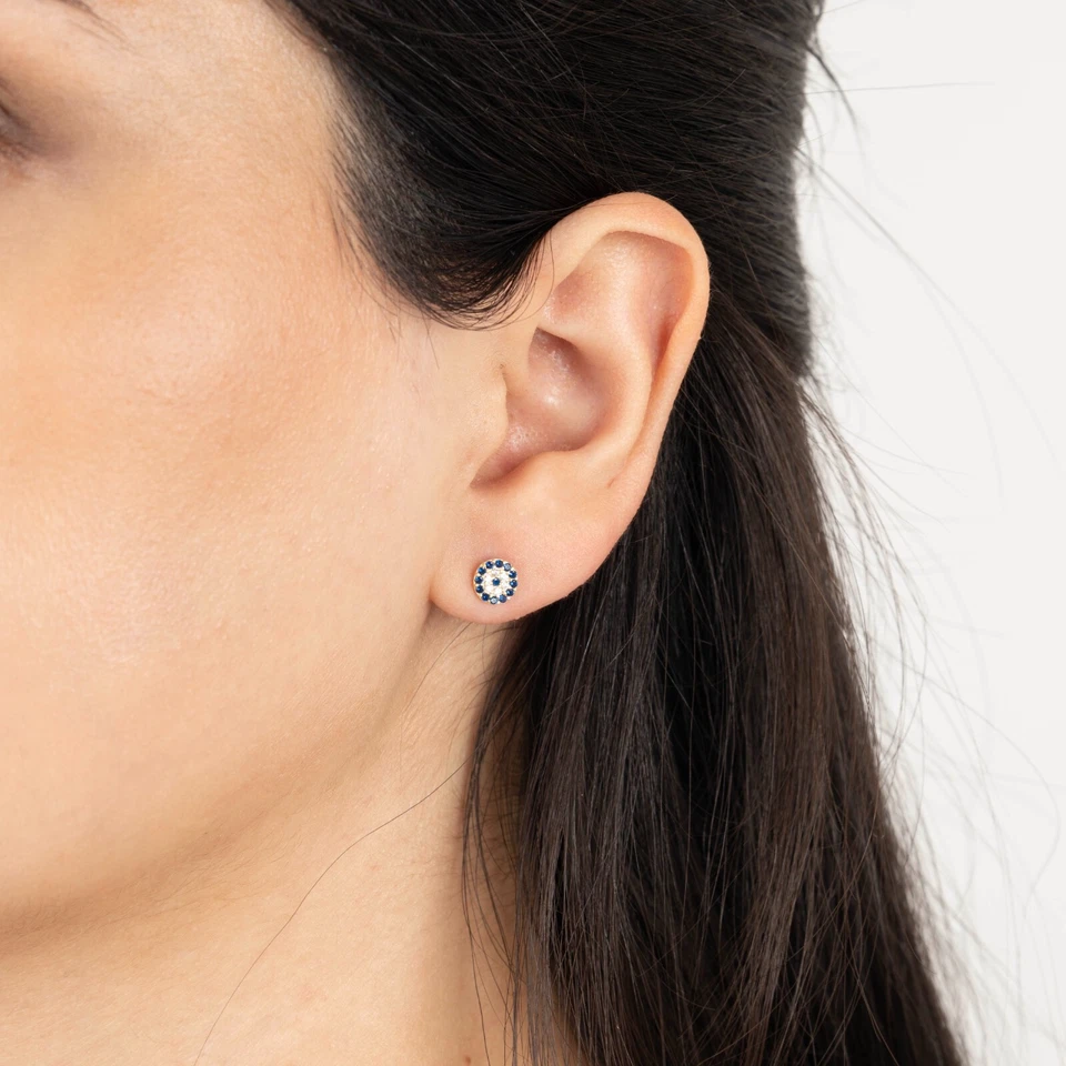 14k Gold Evil Eye Earrings Lab-Created Diamond Sapphire Evil Eye Earrings - Image 1 of 4