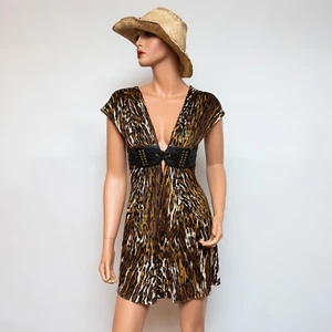 Sky Leopard Print Sexy Low-Cut Women's Short Silk Dress XS $200 - Picture 1 of 8
