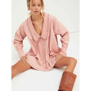 Free People Charlie Denim Shirt Pink Collared Pearl Snap Buttons XS NWT - Picture 1 of 5