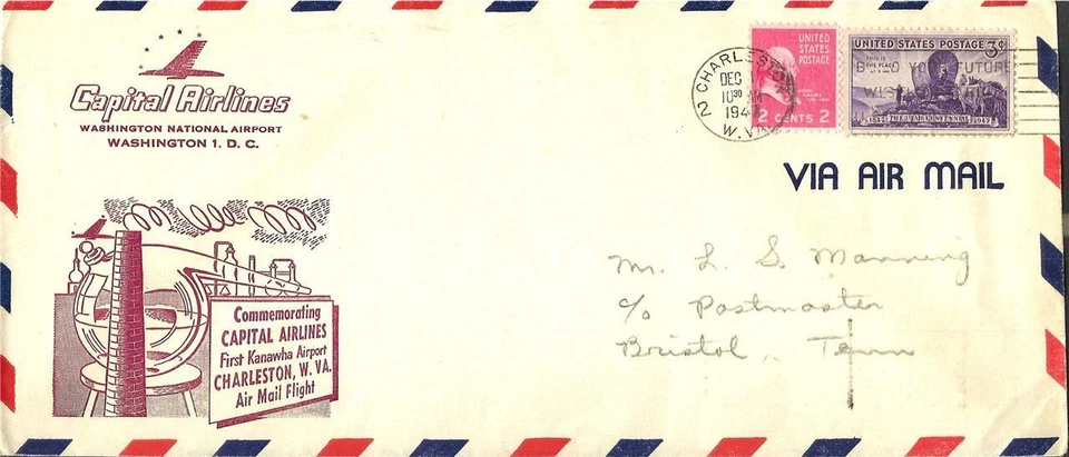 First Airmail  Flight Capital Airlines Charleston WV December 1 1947 #10 Envelop - Image 1 of 1