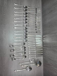 Vintage Set of 48 ENCHANTED ROSE Silverplate Wm Rogers & Son Flatware Utensils - Picture 1 of 21