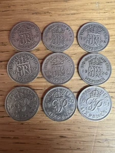 Lotto lavoro monete sei pence Giorgio VI 1939 1941 1942 1946-1951 X 9 monete - Foto 1 di 14