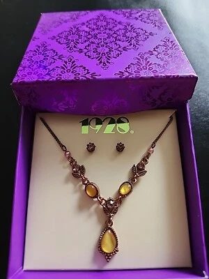 1928 Jewelry Co Gold Tone Boxed Necklace and Earrings Set Purple Pink Yellow NIB - Image 1 of 4