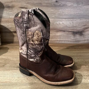 Old West Brown Leather Camo Square Toe Cowboy Boots Youth Sz. 10-Style BSC1816 - Picture 1 of 8