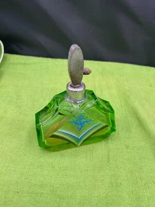 Antique Vaseline Glass Art Deco painted Glass Uranium Perfume Bottle 1930’s - Picture 1 of 4