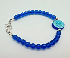 Blue Moon & Stars Czech Glass Bracelet Beaded  w Silver 7.5 inches, Two sided - Picture 1 of 8