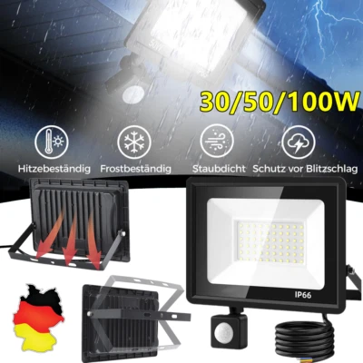 30~100W LED Fluter mit Bewegungsmelder Außen Garten Strahler Scheinwerfer IP66 - Bild 1 von 4