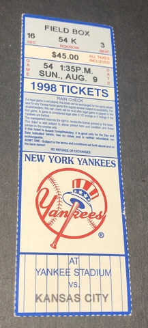 New York Yankees Kansas City Ticket Stub 8/9/98 JETER, O’NEILL, RIVERA Save Cover