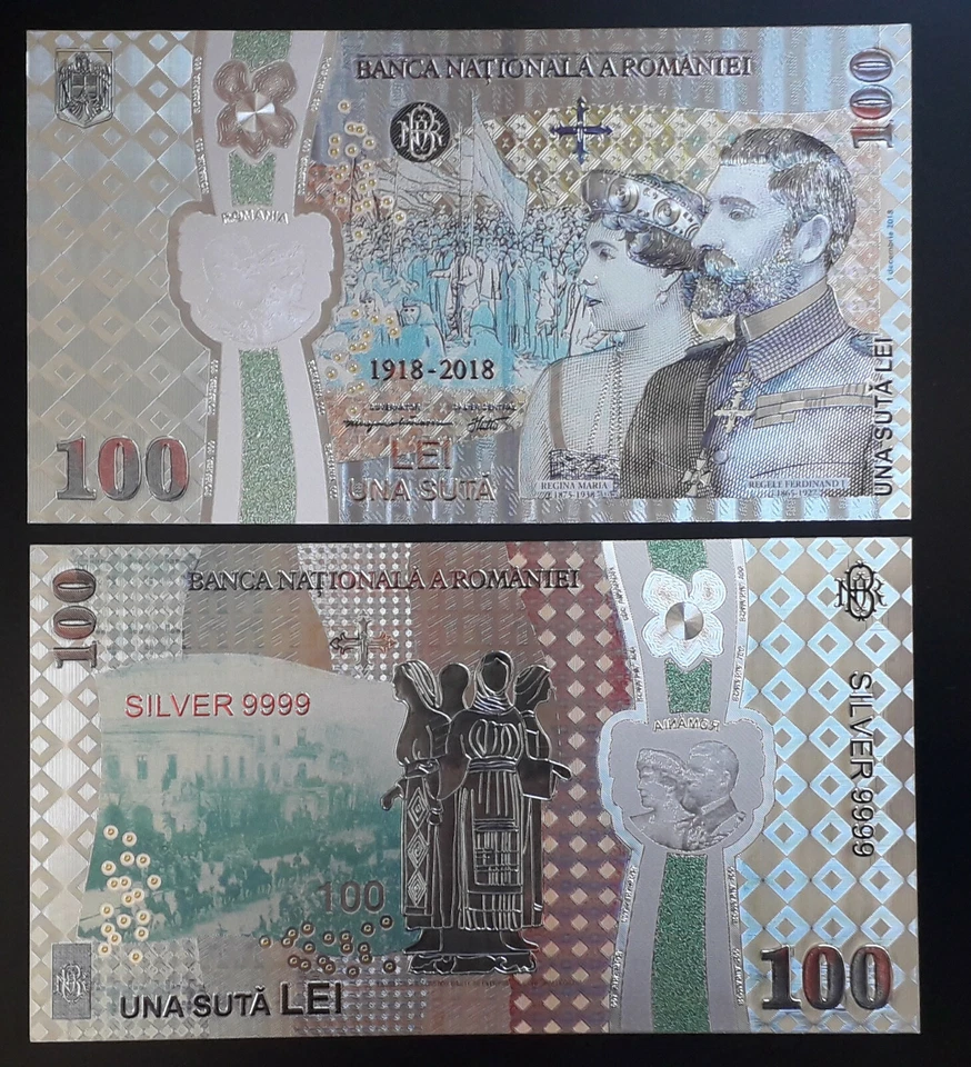 ROMANIA 100 LEI 2018 SILVER PLATED POLYMER BANKNOTE-100 YEARS THE GREAT UNION - Image 1 of 4