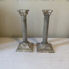 Set of 2 Corinthian column silver plated candle stick holders, some tarnish 