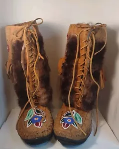 Vtg. Leather W Fringe And Fur Beaded Moccasins High Top - Picture 1 of 22