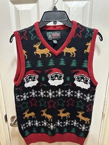 Ugly Christmas Women's Sweater Pull Over Vest Size Med Santa Deer Black/Red - Picture 1 of 8