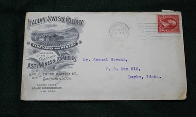 1901 Philatelic Cover Italian Swiss Colony Vineyard & Winery Sonoma Ca. - Image 1 of 2
