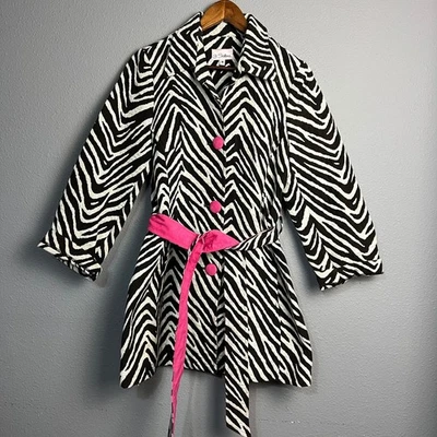 Vintage 3 Sisters Med Zebra Print Pink Trim Belted Trench Coat Jacket Sexy Artsy - Image 1 of 4
