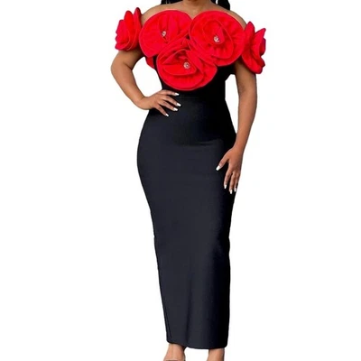 Stunning Black Off Shoulder Maxi Dress with Red Floral Appliques Evening Gown - Image 1 of 4